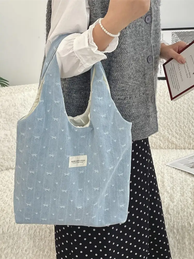 Denim Bow Vial Bag Large Capacity Female Student Book Bag - Image 7