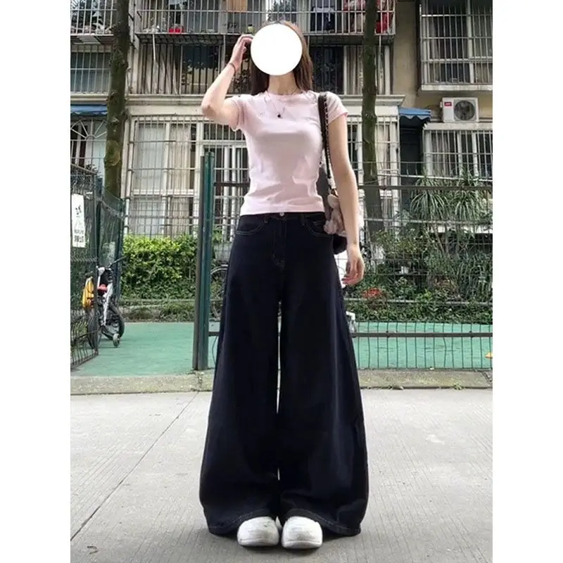 Dark Blue Wide Leg Jeans Women Autumn 2024