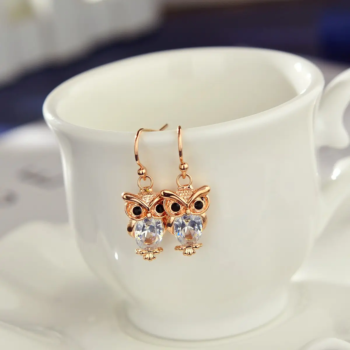Rose Gold Owl Earrings for Women with Zircon