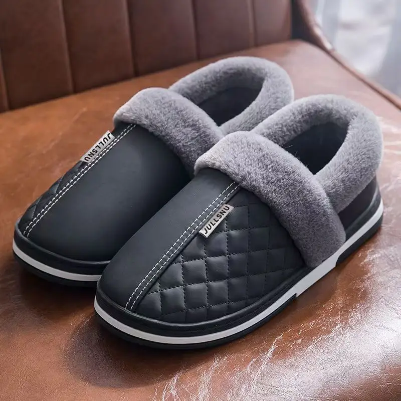 2024 New Winter Cotton Shoes with PU Waterproof Non-slip Outer Wear Thick-soled Indoor Household Warm Cotton Slippers for Men - Image 2