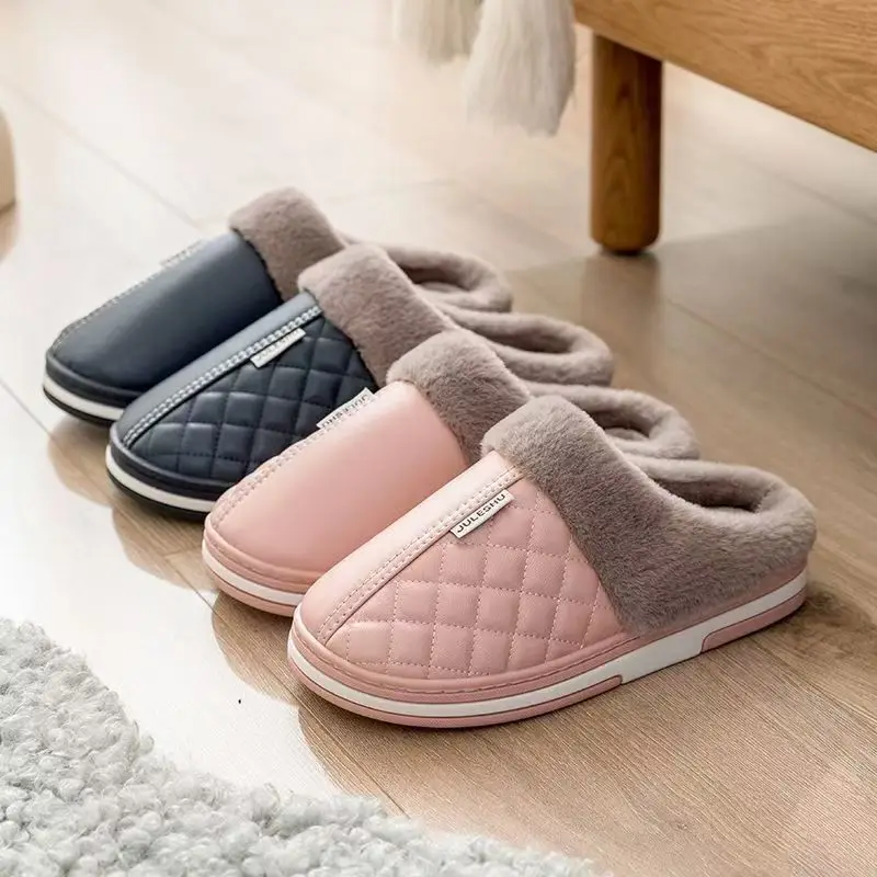 PU waterproof cotton slippers men's winter home indoor non-slip warm cotton shoes for the elderly plus size cotton slippers for women