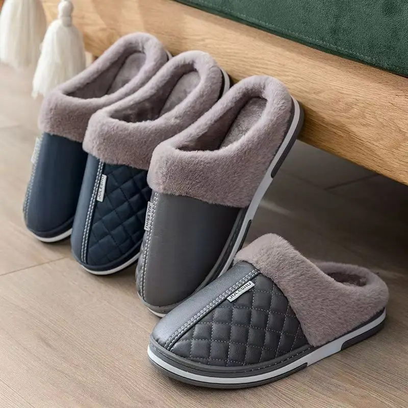 PU waterproof cotton slippers men's winter home indoor non-slip warm cotton shoes for the elderly plus size cotton slippers for women