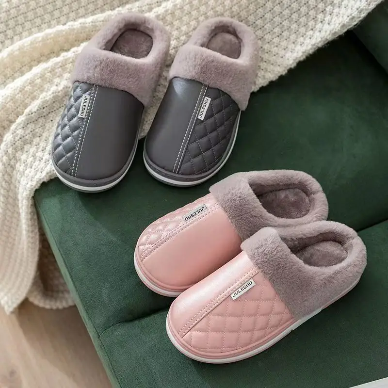 PU waterproof cotton slippers men's winter home indoor non-slip warm cotton shoes for the elderly plus size cotton slippers for women