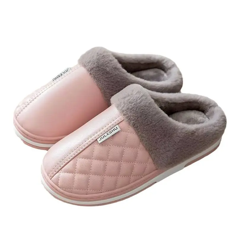 PU waterproof cotton slippers men's winter home indoor non-slip warm cotton shoes for the elderly plus size cotton slippers for women