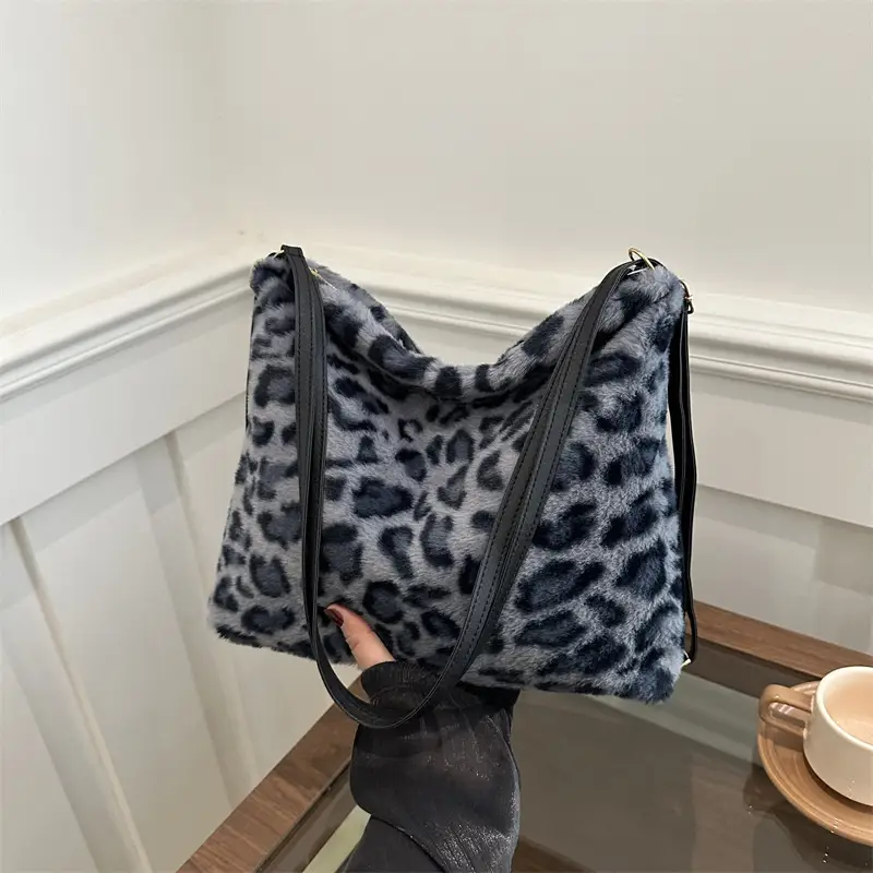 Winter Plush Leopard Print Mao Mao Shoulder Tote Bag - Image 5