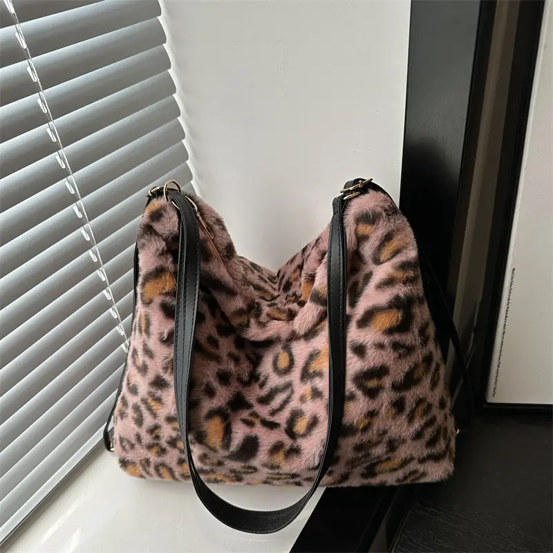 Winter Plush Leopard Print Mao Mao Shoulder Tote Bag - Image 2