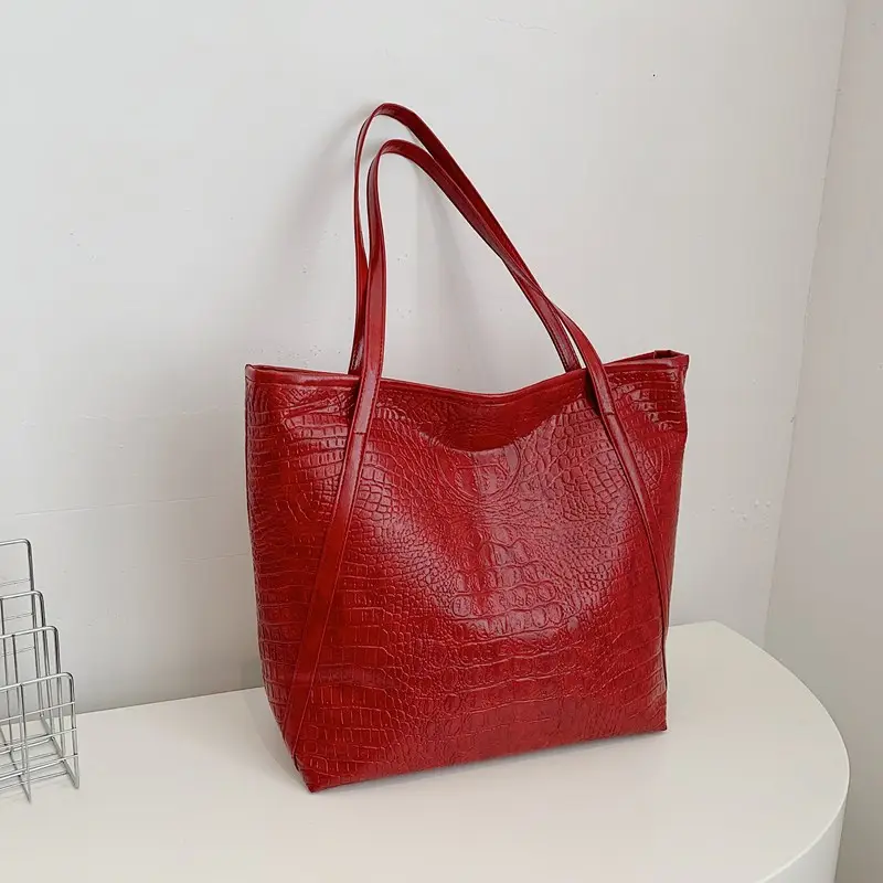 Red Croc Leather Tote Bag for Women Large Capacity - Image 9