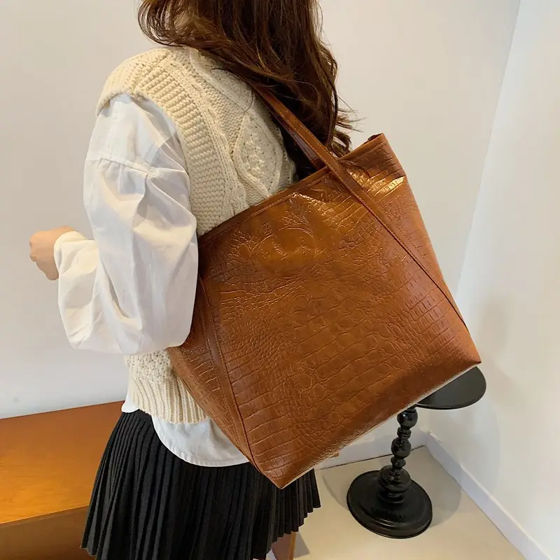 Red Croc Leather Tote Bag for Women Large Capacity - Image 11