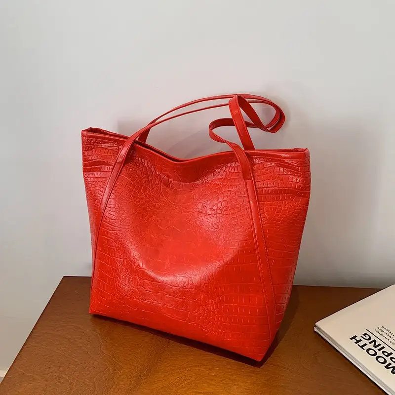 Red Croc Leather Tote Bag for Women Large Capacity - Image 2