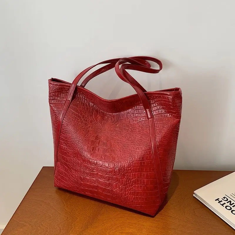 Red Croc Leather Tote Bag for Women Large Capacity - Image 7