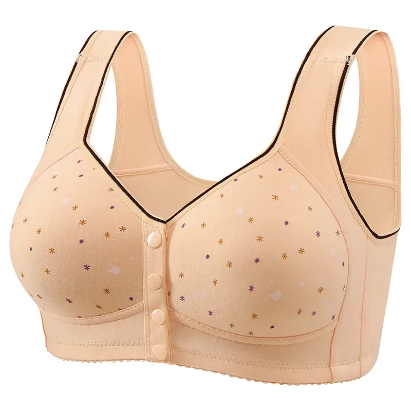 New Style Front Buckle Featured Printed Non-rimless Wide Shoulder Strap Middle-aged and Elderly Shoulder Cup plus size Women Vest Style Bra Women