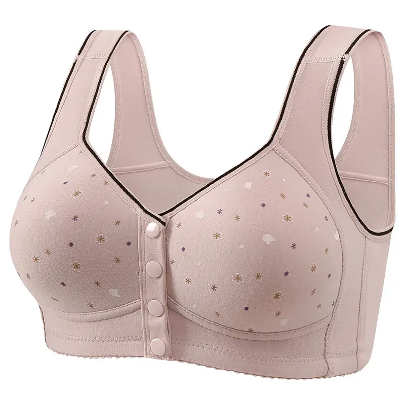 New Style Front Buckle Featured Printed Non-rimless Wide Shoulder Strap Middle-aged and Elderly Shoulder Cup plus size Women Vest Style Bra Women