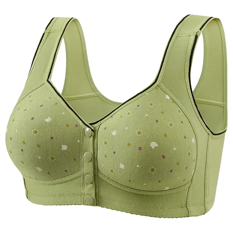 New Style Front Buckle Featured Printed Non-rimless Wide Shoulder Strap Middle-aged and Elderly Shoulder Cup plus size Women Vest Style Bra Women