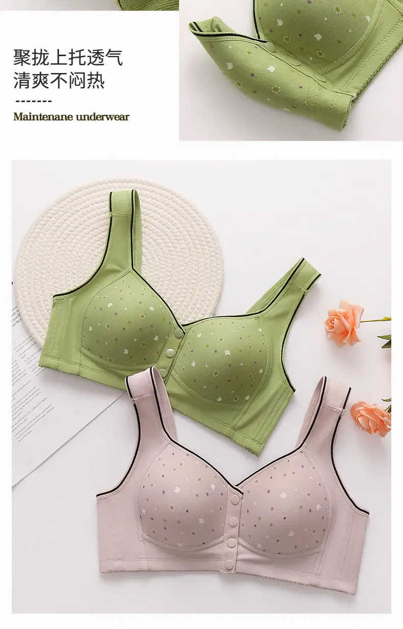 New Style Front Buckle Featured Printed Non-rimless Wide Shoulder Strap Middle-aged and Elderly Shoulder Cup plus size Women Vest Style Bra Women — feature 21