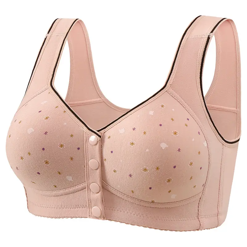 New Style Front Buckle Featured Printed Non-rimless Wide Shoulder Strap Middle-aged and Elderly Shoulder Cup plus size Women Vest Style Bra Women