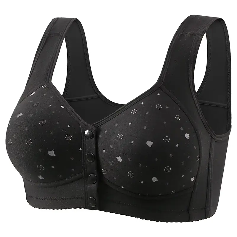 New Style Front Buckle Featured Printed Non-rimless Wide Shoulder Strap Middle-aged and Elderly Shoulder Cup plus size Women Vest Style Bra Women
