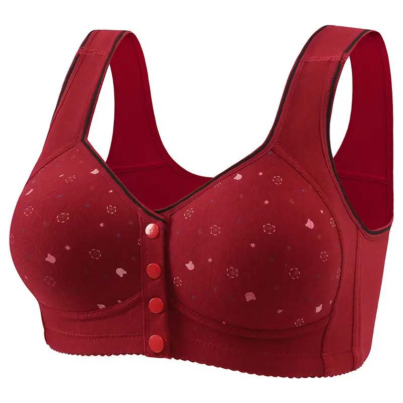 New Style Front Buckle Featured Printed Non-rimless Wide Shoulder Strap Middle-aged and Elderly Shoulder Cup plus size Women Vest Style Bra Women