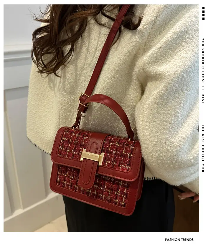 Maroon French Style Shoulder Bag with Crossbody Strap — feature 1