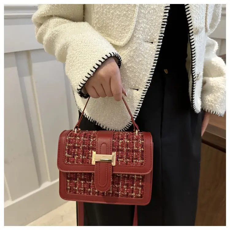 Maroon French Style Shoulder Bag with Crossbody Strap — feature 17