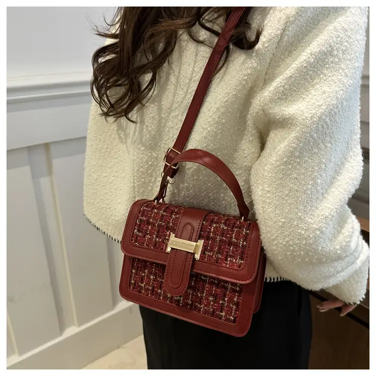Maroon French Style Shoulder Bag with Crossbody Strap — feature 18