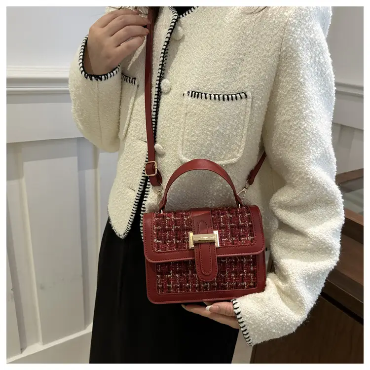 Maroon French Style Shoulder Bag with Crossbody Strap — feature 19