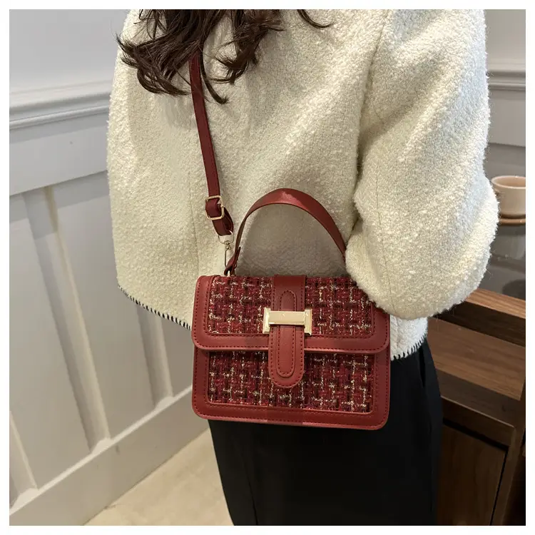 Maroon French Style Shoulder Bag with Crossbody Strap — feature 20