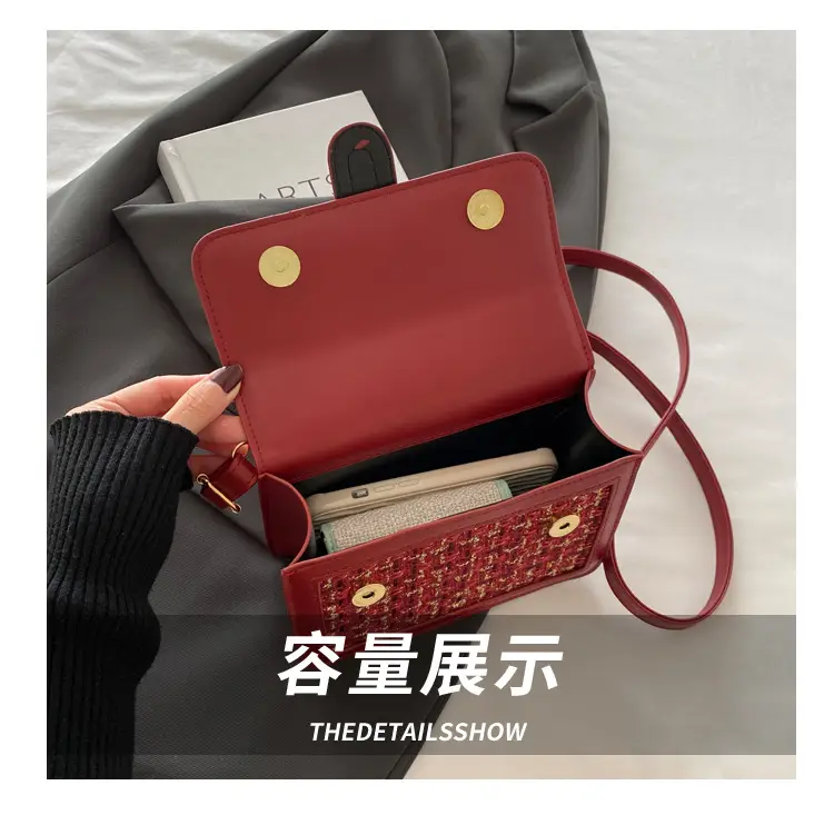 Maroon French Style Shoulder Bag with Crossbody Strap — feature 7
