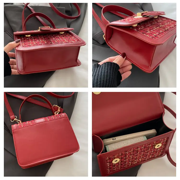 Maroon French Style Shoulder Bag with Crossbody Strap — feature 8