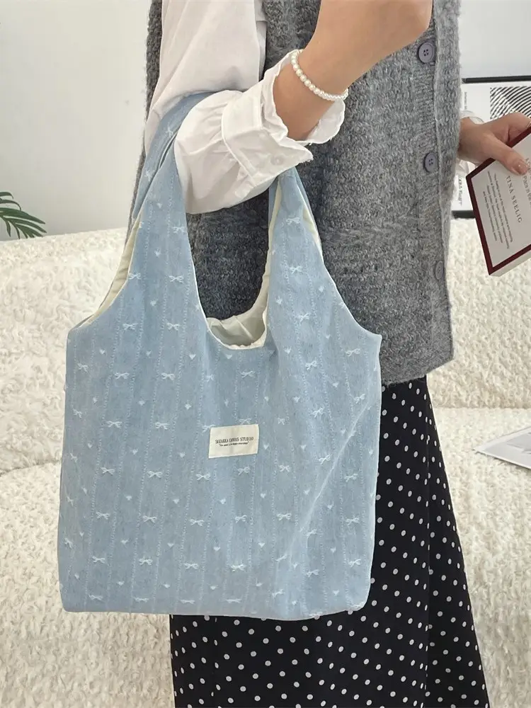 Light Blue Printed Denim Bow Vest Bag Large Capacity