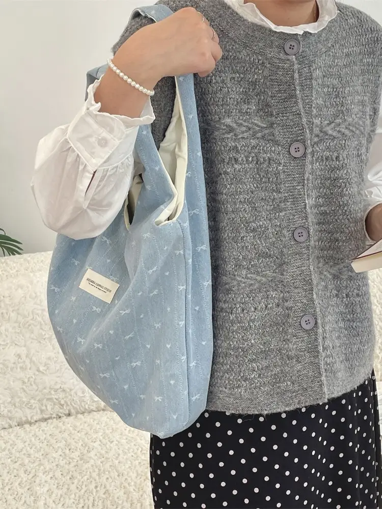 Light Blue Printed Denim Bow Vest Bag Large Capacity