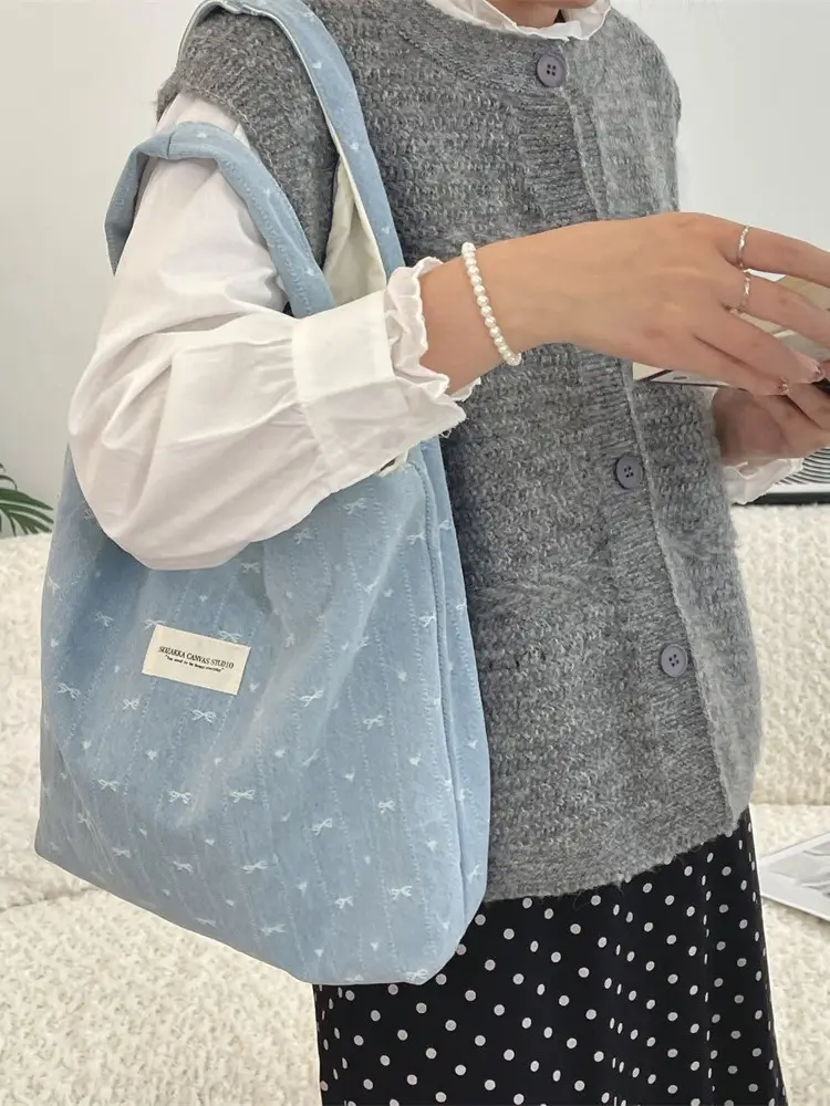 Light Blue Printed Denim Bow Vest Bag Large Capacity