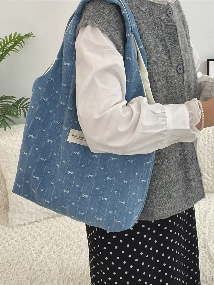 Light Blue Printed Denim Bow Vest Bag Large Capacity