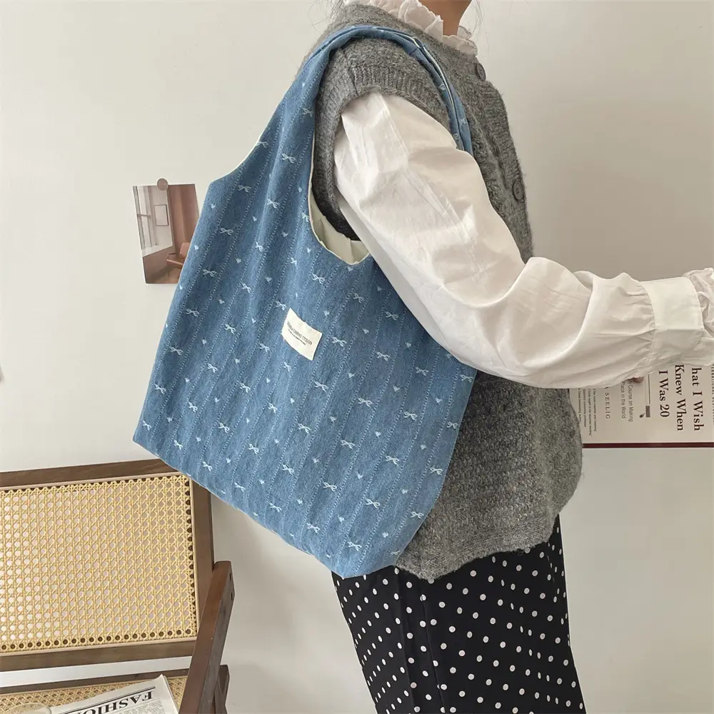 Light Blue Printed Denim Bow Vest Bag Large Capacity