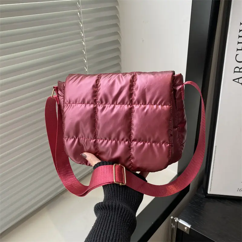 Winter Puffer Shoulder Bag Pink Red Checkered Embroidery - Image 6