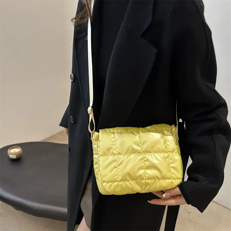 Winter Puffer Shoulder Bag Pink Red Checkered Embroidery - Image 7