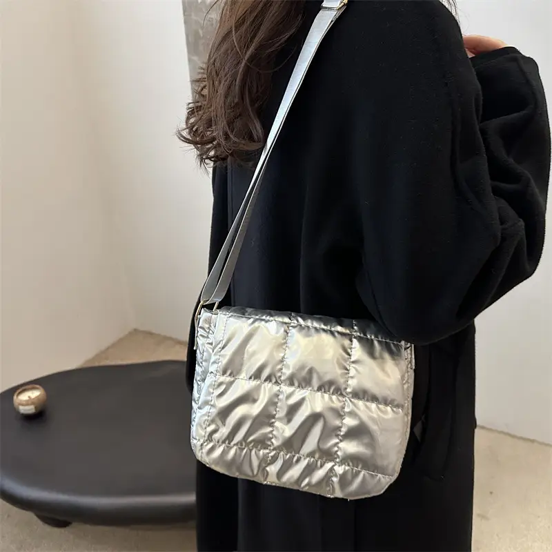 Winter Puffer Shoulder Bag Pink Red Checkered Embroidery - Image 8