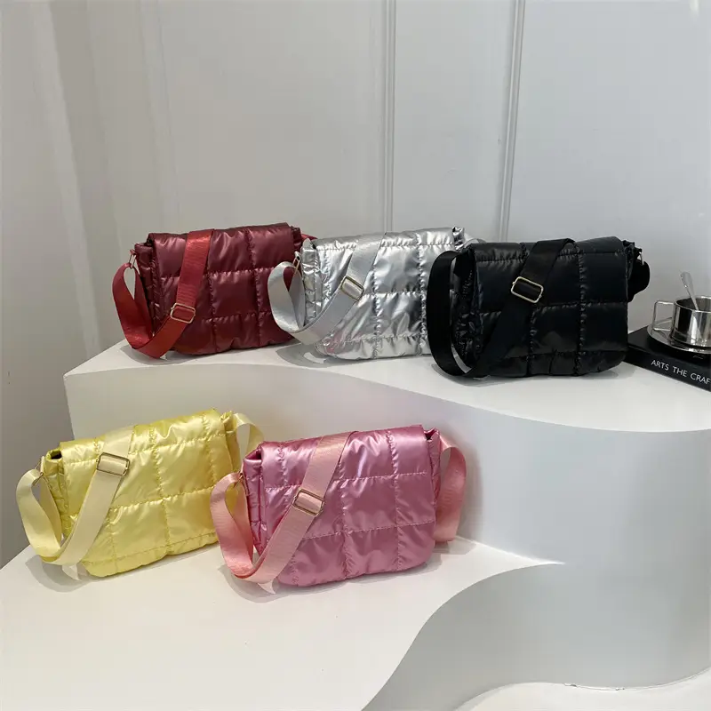 Winter Puffer Shoulder Bag Pink Red Checkered Embroidery - Image 9