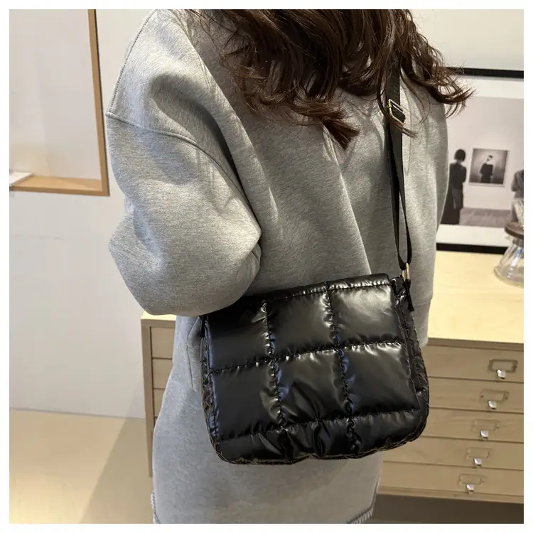 Winter Puffer Shoulder Bag Pink Red Checkered Embroidery — feature 10