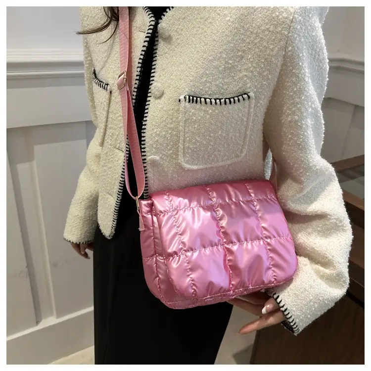 Winter Puffer Shoulder Bag Pink Red Checkered Embroidery — feature 12
