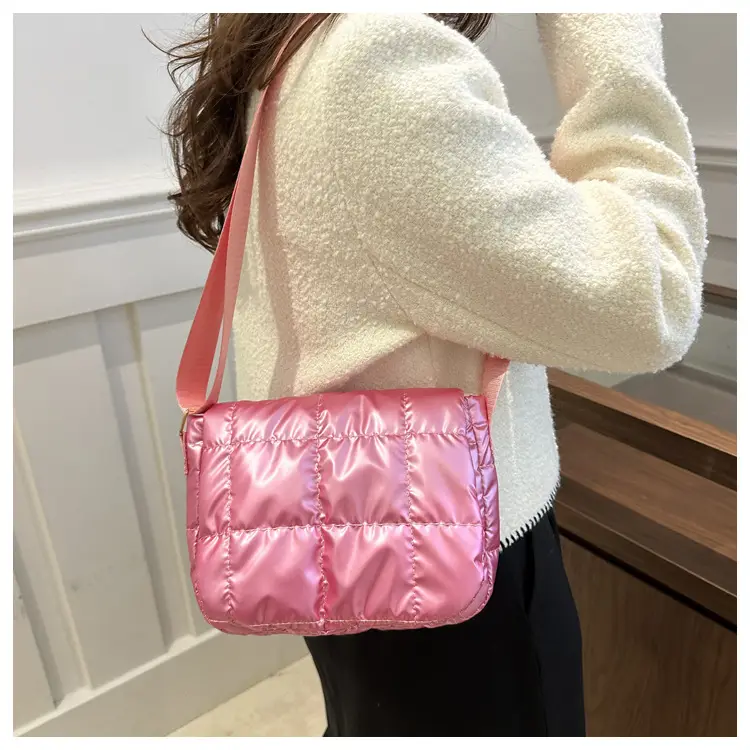 Winter Puffer Shoulder Bag Pink Red Checkered Embroidery — feature 13