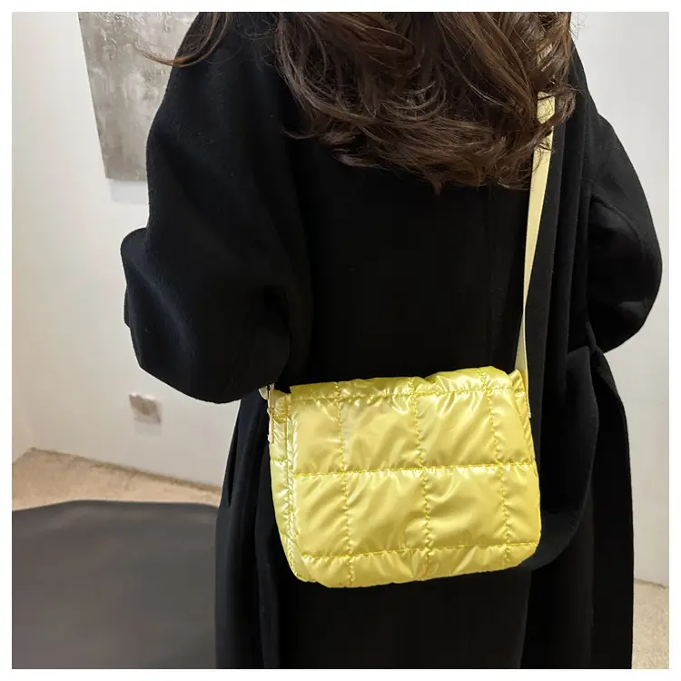 Winter Puffer Shoulder Bag Pink Red Checkered Embroidery — feature 14