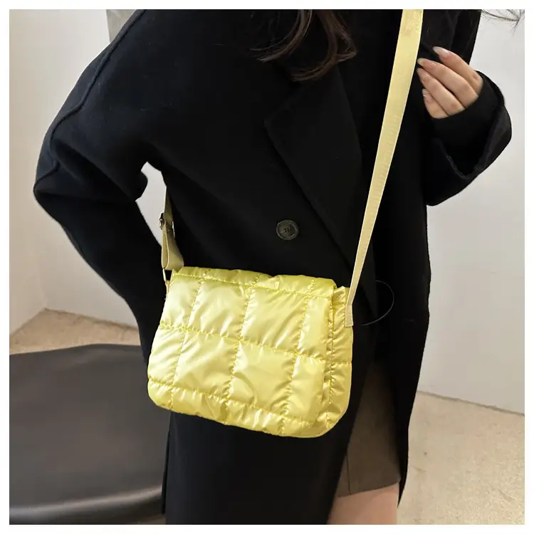Winter Puffer Shoulder Bag Pink Red Checkered Embroidery — feature 15
