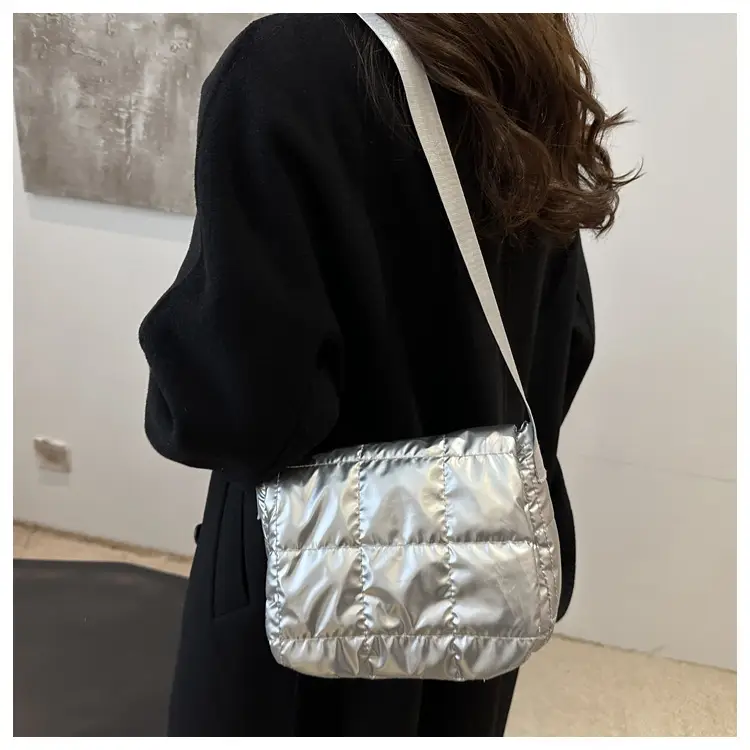 Winter Puffer Shoulder Bag Pink Red Checkered Embroidery — feature 16