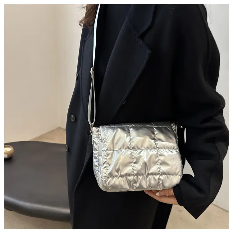 Winter Puffer Shoulder Bag Pink Red Checkered Embroidery — feature 17