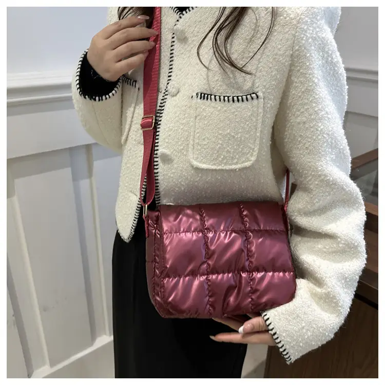 Winter Puffer Shoulder Bag Pink Red Checkered Embroidery — feature 18