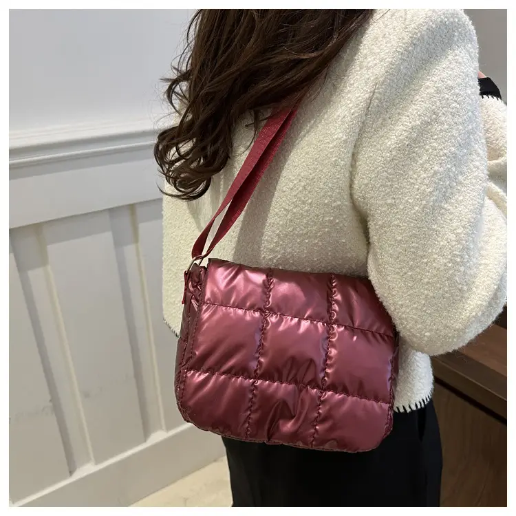 Winter Puffer Shoulder Bag Pink Red Checkered Embroidery — feature 19
