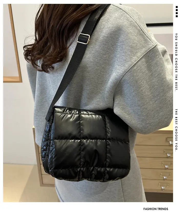 Winter Puffer Shoulder Bag Pink Red Checkered Embroidery — feature 2