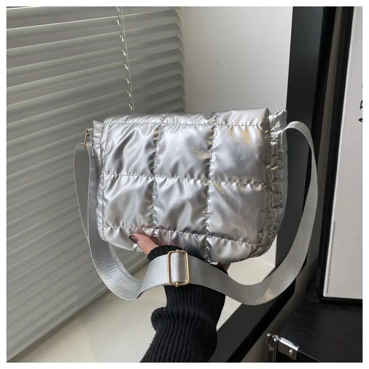 Winter Puffer Shoulder Bag Pink Red Checkered Embroidery — feature 20