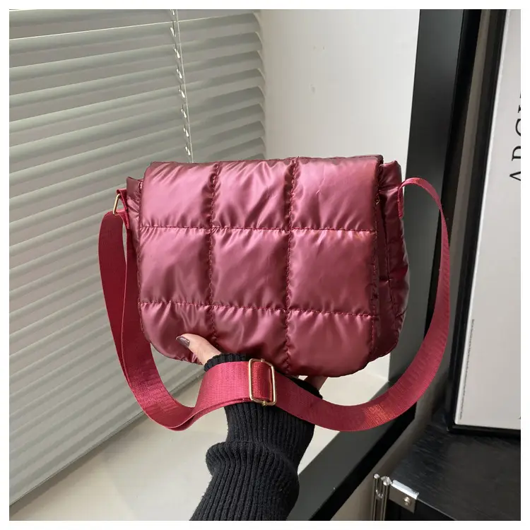 Winter Puffer Shoulder Bag Pink Red Checkered Embroidery — feature 21