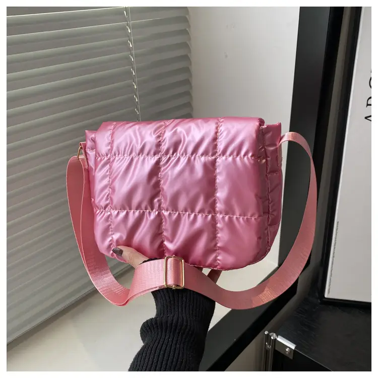 Winter Puffer Shoulder Bag Pink Red Checkered Embroidery — feature 24